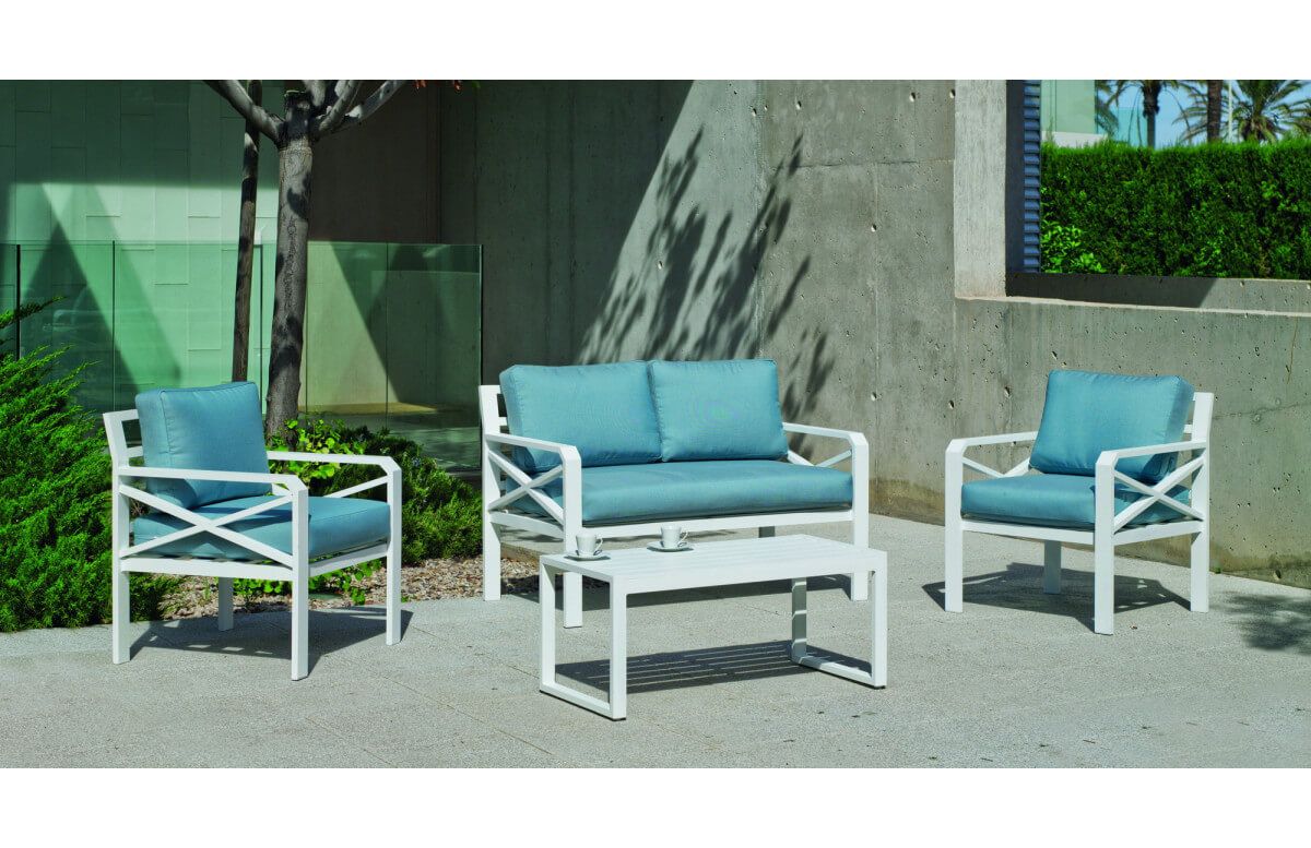 Salon de jardin bas 4 personnes en aluminium et Dralon - Lausana - blanc - Hevea Salon de jardin bas 4 personnes en aluminium et Dralon - Lausana - blanc - Hevea