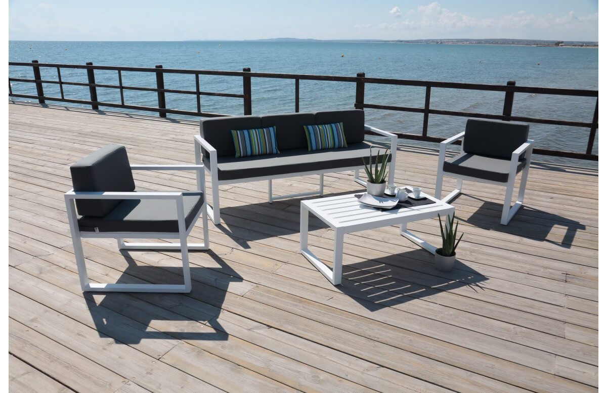 Salon de jardin bas 5 personnes en aluminium et Dralon - Munich - blanc - Hevea Salon de jardin bas 5 personnes en aluminium et Dralon - Munich - blanc - Hevea