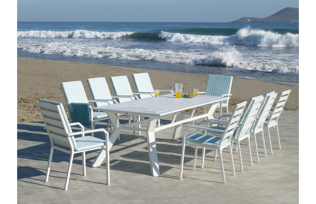 Ensemble table et fauteuils de jardin 10 personnes en aluminium et Dralon - Olimpia/caravel - blanc - Hevea