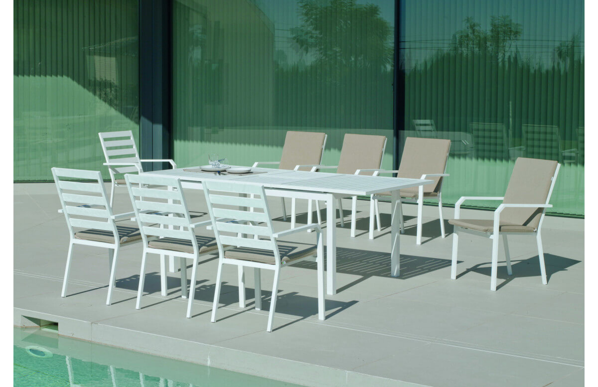 Ensemble table et fauteuils de jardin extensible 8 personnes en aluminium et Dralon - Palma caravel - blanc - Hevea