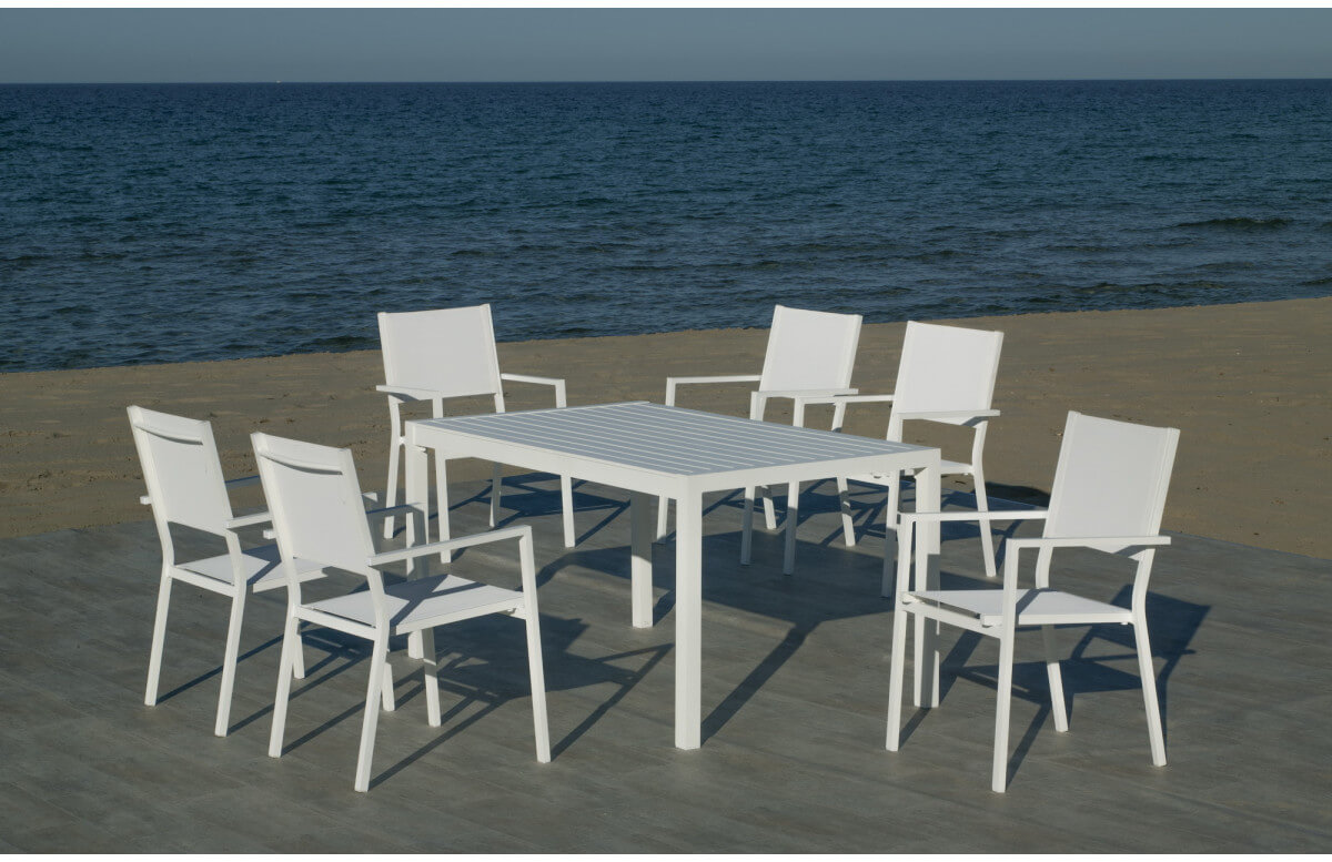 Ensemble table et fauteuils de jardin 6 personnes en aluminium et textilène - Palma roma - blanc - Hevea