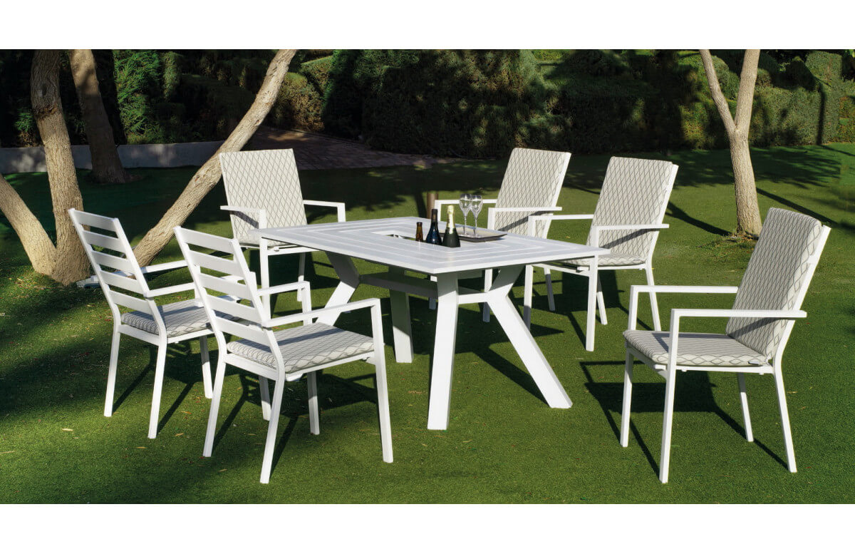 Ensemble table et fauteuils de jardin 6 personnes en aluminium et Dralon - Samara/palma - blanc - Hevea