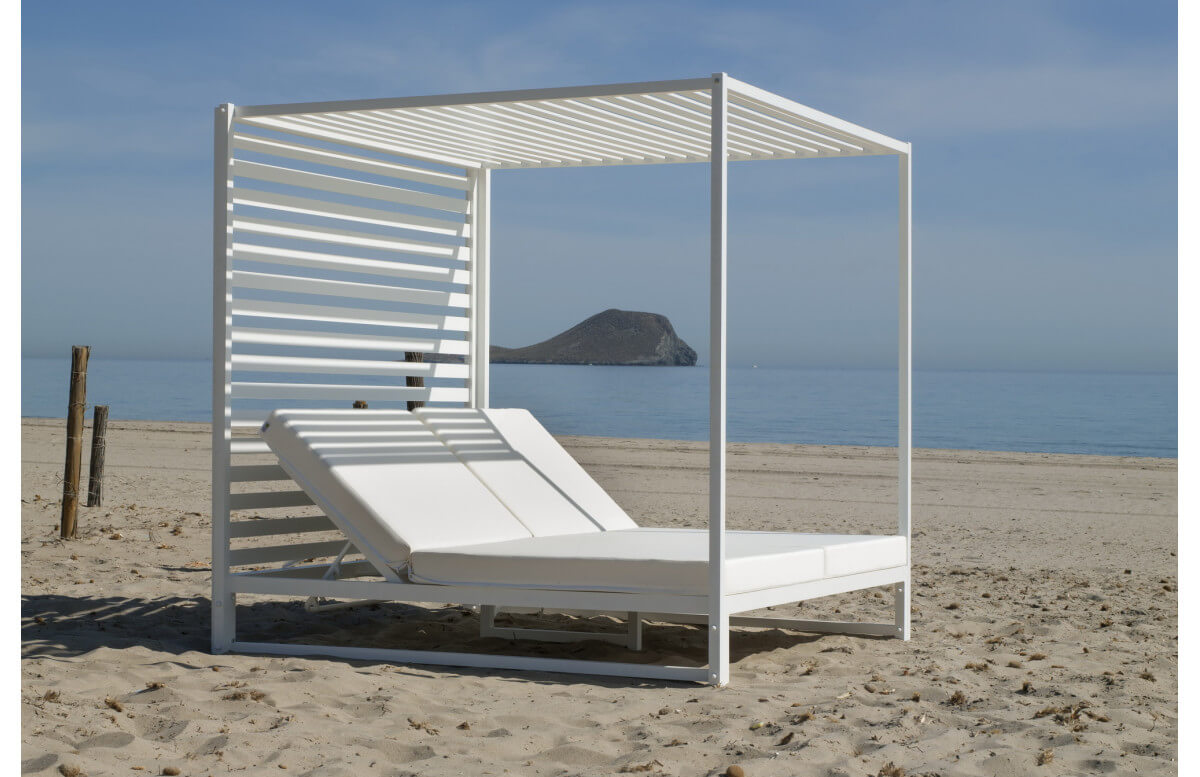 Lit de jardin balinaise multi-positions 2 personnes en aluminium et Dralon - Santorini - blanc - Hevea