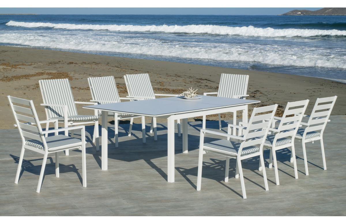 Ensemble table et fauteuils de jardin Palma extensible 8 personnes en aluminium, HPL et DralonLux - Hevea