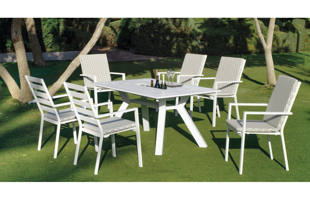 Table salon de jardin 6 personnes en aluminium - Samara - blanche - Hevea Table salon de jardin 6 personnes en aluminium - Samara - blanche - Hevea