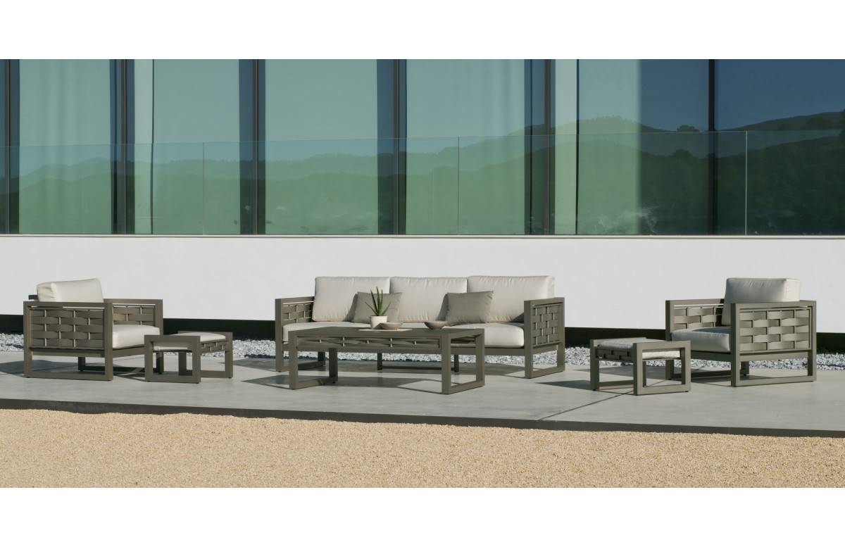 Salon de jardin bas 7 personnes en aluminium et Dralon - Augusta - champagne - Hevea Salon de jardin bas 7 personnes en aluminium et Dralon - Augusta - champagne - Hevea