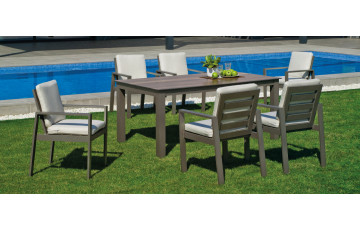 Ensemble table et fauteuils de jardin 6 personnes en aluminium et HPL - Camelia - champagne - Hevea