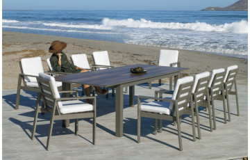 Ensemble table et fauteuils de jardin extensible 10 personnes en aluminium et Dralon - Camelia - champagne - Hevea