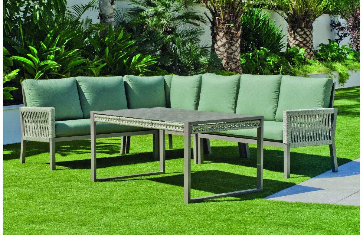 Salon de jardin bas d'angle 6 personnes en aluminium et cordage - Havana - champagne - Hevea