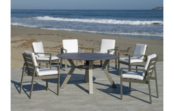 Ensemble table ronde et fauteuils de jardin 6 personnes en aluminium et HPL - Velonia/camelia - champagne - Hevea