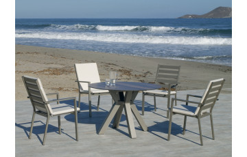 Ensemble table ronde et fauteuils de jardin 4 personnes en aluminium et HPL - Velonia/palma - champagne - Hevea