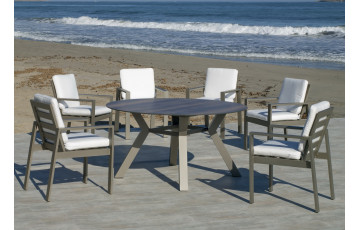 Table ronde salon de jardin 6 personnes en aluminium et HPL - Velonia - champagne - Hevea