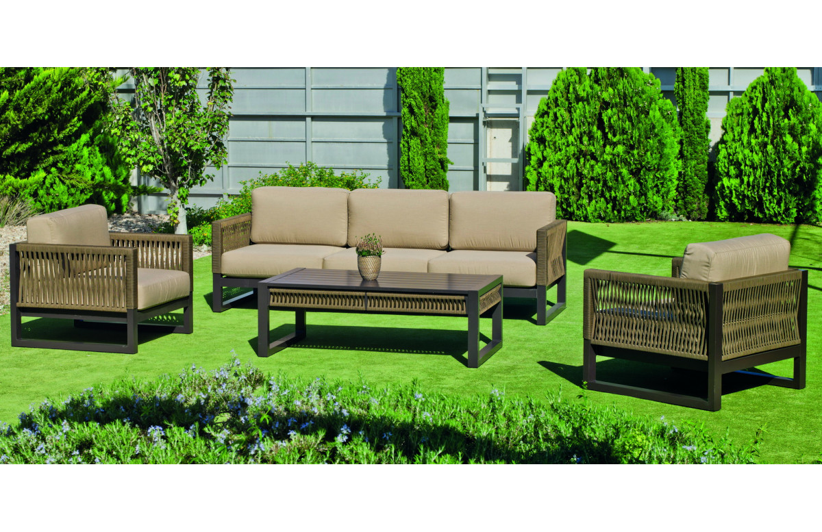 Salon de jardin bas 5 personnes en aluminium et cordage - Monterrey - marron - Hevea