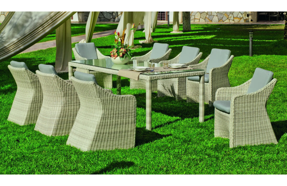 Ensemble table et fauteuils en résine tressée et Dralon 8 personnes - Celebes - beige - Hevea Ensemble table et fauteuils en résine tressée et Dralon 8 personnes - Celebes - beige - Hevea