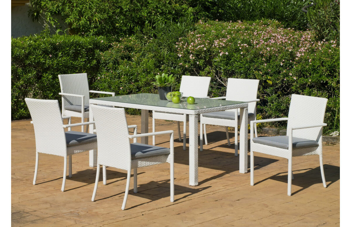 Ensemble table et fauteuils en résine tressée et Dralon 6 personnes - Astorga Emir - blanc - Hevea Ensemble table et fauteuils en résine tressée et Dralon 6 personnes - Astorga Emir - blanc - Hevea