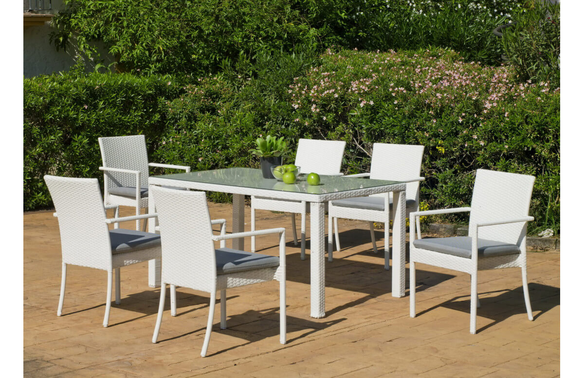 Ensemble table et fauteuils en résine tressée et Dralon 6 personnes - Astorga Emir - blanc - Hevea Ensemble table et fauteuils en résine tressée et Dralon 6 personnes - Astorga Emir - blanc - Hevea