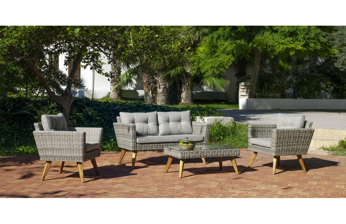Salon de jardin bas en résine tressée et Dralon 4 personnes - Meridien - gris - Hevea