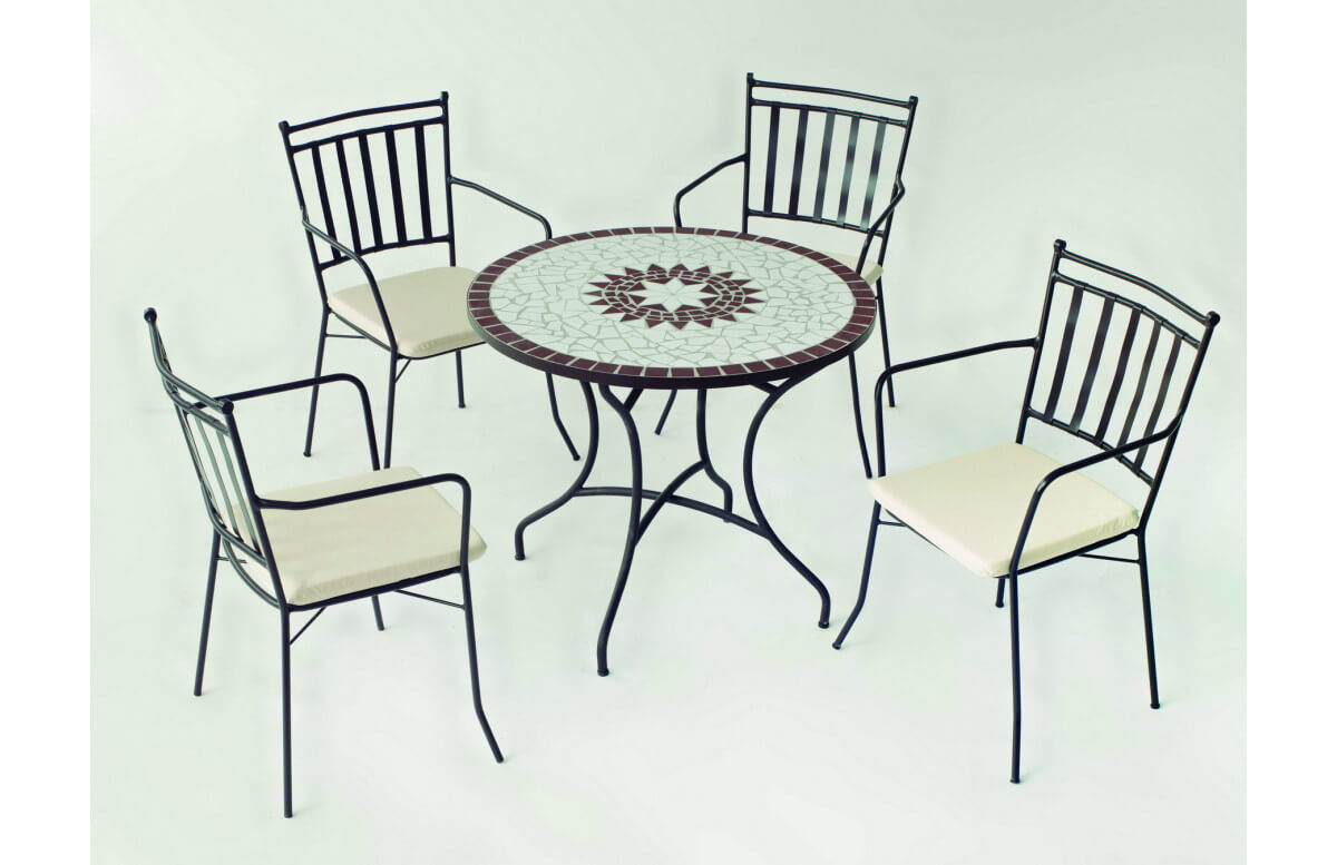 Ensemble table et fauteuils ronde mosaïque en acier et Dralon 4 personnes - Estela Shifa - ecru - Hevea