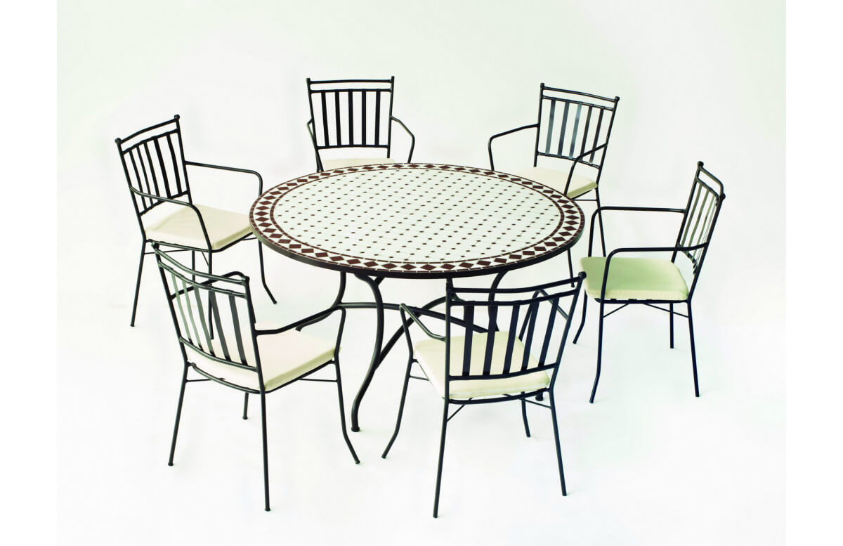 Ensemble table et fauteuils ronde mosaïque en acier et Dralon 6 personnes - Zaira Shifa - ecru - Hevea