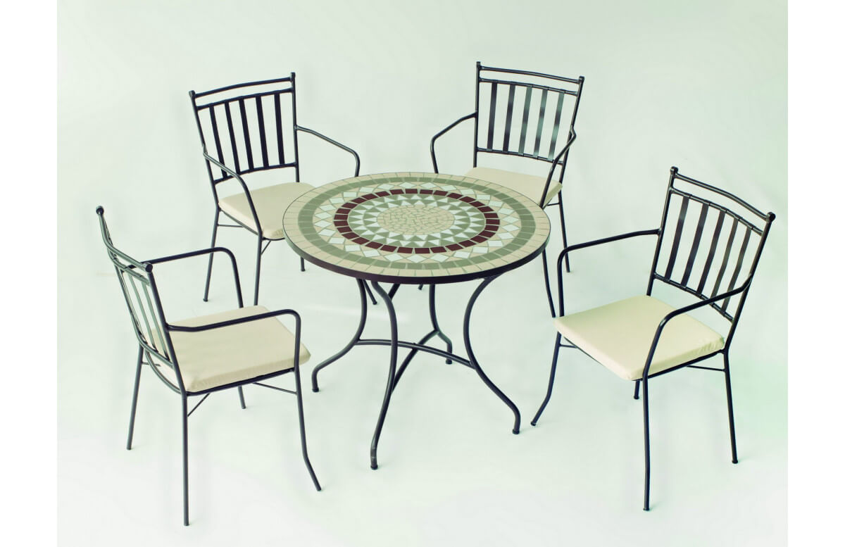 Table de jardin ronde mosaïque en acier 4 personnes - Camarines - ecru - Hevea