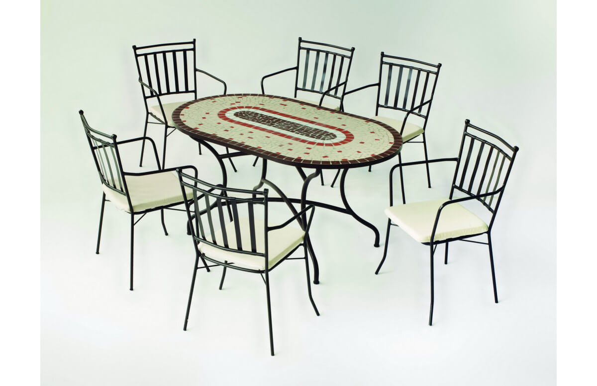 Table de jardin ovale mosaïque en acier 6 personnes - Malaya - ecru - Hevea Table de jardin ovale mosaïque en acier 6 personnes - Malaya - ecru - Hevea