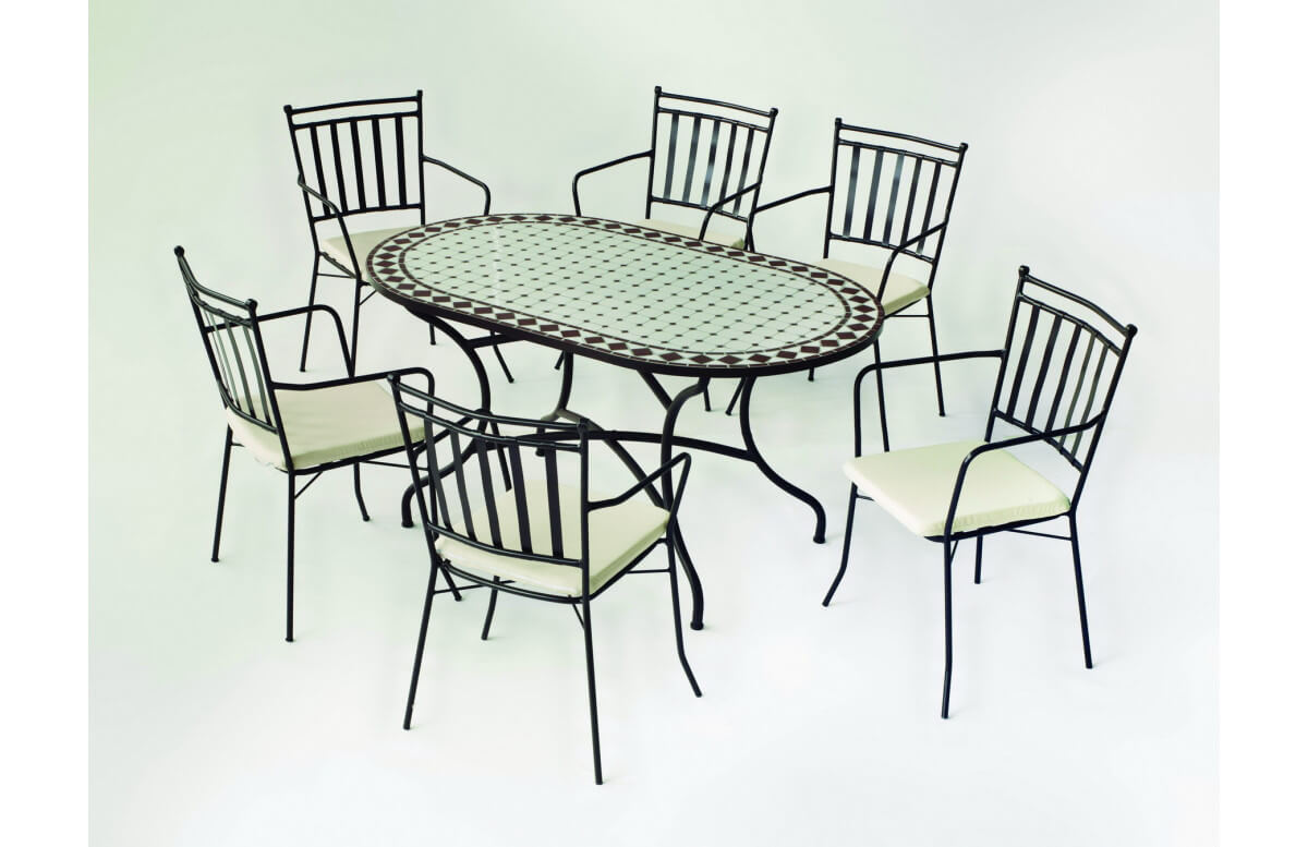 Table de jardin ovale mosaïque en acier 6 personnes - Sambala - ecru - Hevea