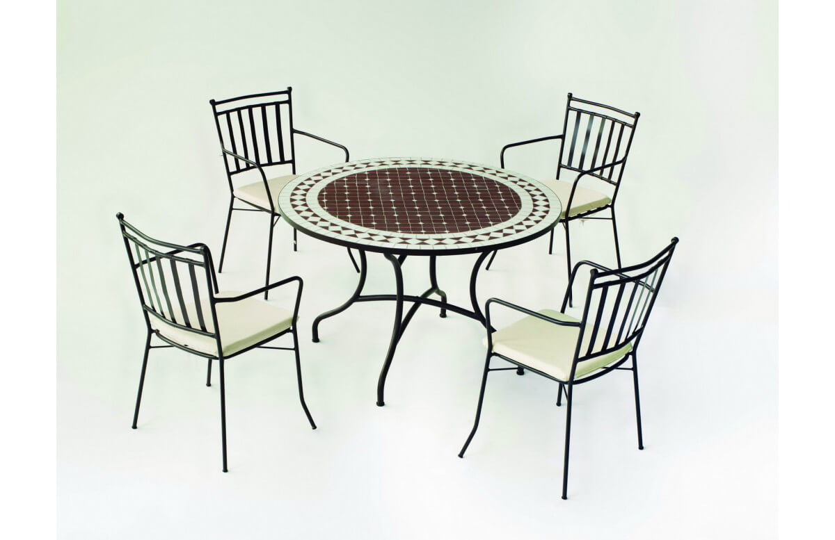 Table de jardin ronde mosaïque en acier 4 personnes - Alondra - ecru - Hevea