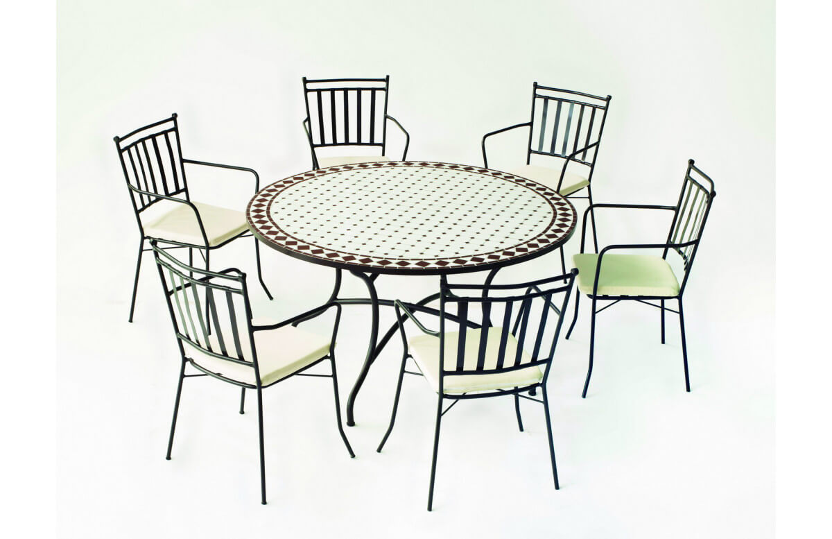 Table de jardin ronde mosaïque en acier 6 personnes - Zaira - ecru - Hevea