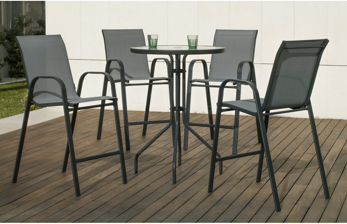 Ensemble haut table et fauteuils ronde en acier et textilène 4 personnes - Sulam - anthracite - Hevea