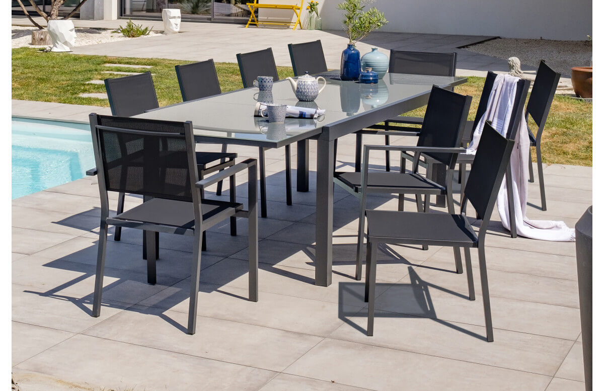 Ensemble table et chaises de jardin en alu/verre pour 10 personnes DCB Garden TOLEDE gris anthracite