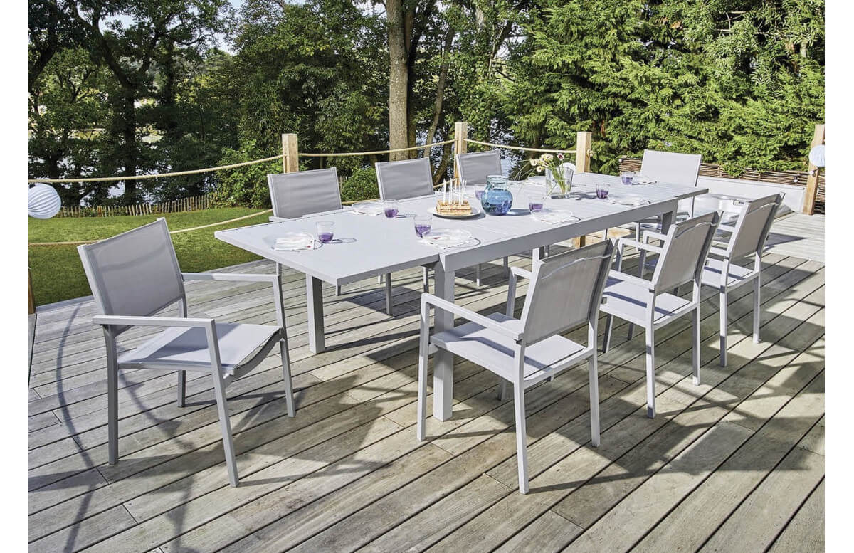 Ensemble table et fauteuils de jardin en aluminium pour 10 personnes Agde gris clair Ensemble table et fauteuils de jardin en aluminium pour 10 personnes Agde gris clair