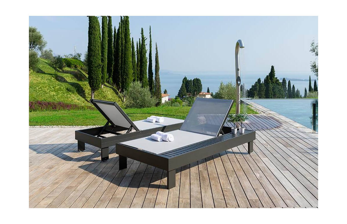 Bain de soleil grande taille en aluminium et textilène avec rangement Polluce - Crema Outdoor