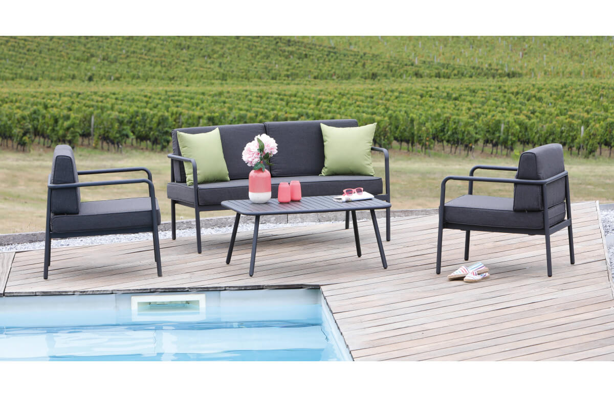 Salon de jardin bas empilable en aluminium 4 personnes - DUCA graphite - Alizé Salon de jardin bas empilable en aluminium 4 personnes - DUCA graphite - Alizé
