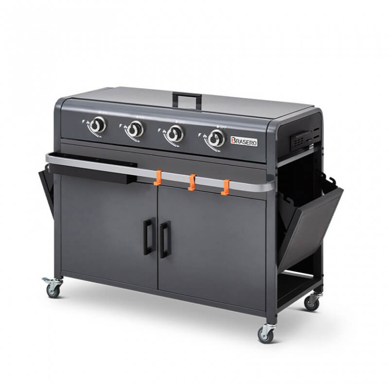 Plancha gaz 4 brûleurs Lola inox sur chariot Brasero