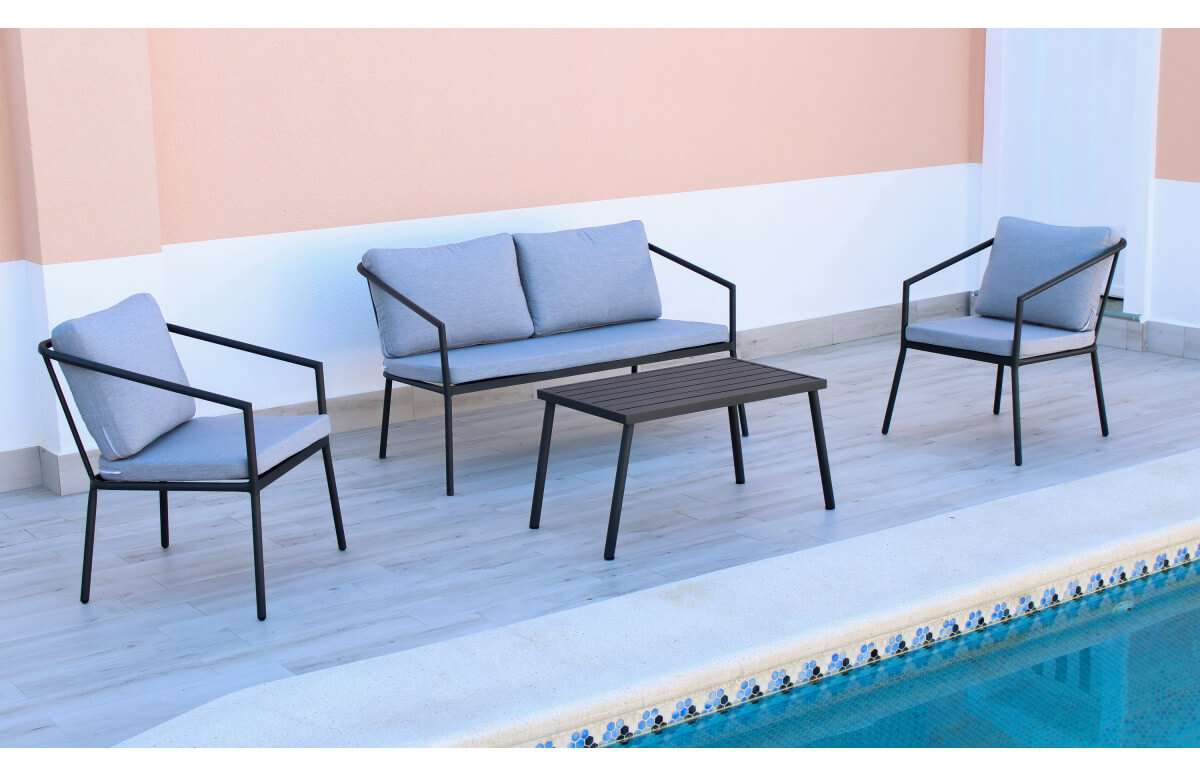 Salon de jardin SET BERMUDAS 4 personnes empilable en aluminium et Dralon-Hevea