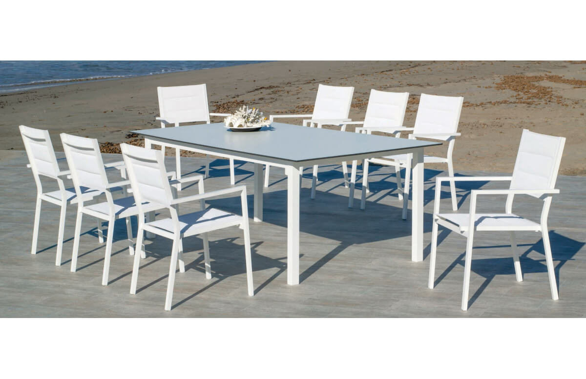 Ensemble table et fauteuils de jardin Palma 8 personnes en aluminium, HPL et textilène - Hevea