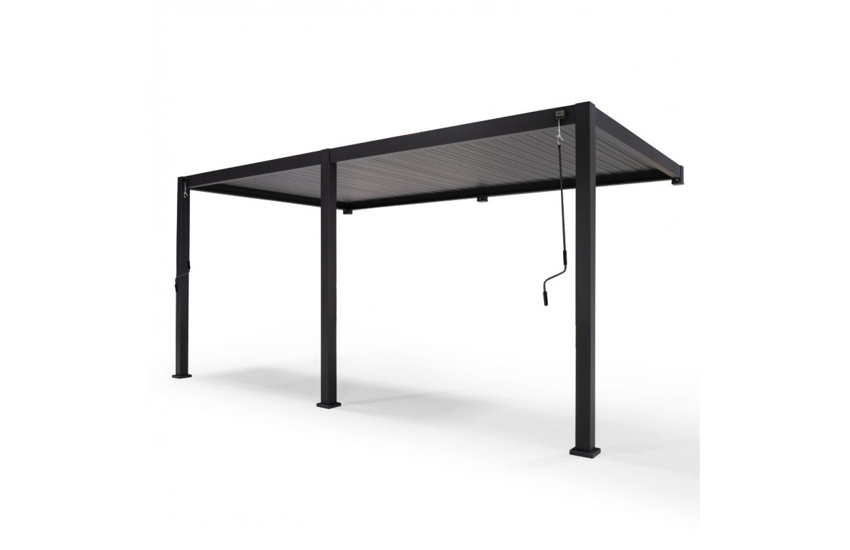 Pergola bioclimatique adossée anthracite en aluminium à lames inclinables 3x5,3 - Ombréa