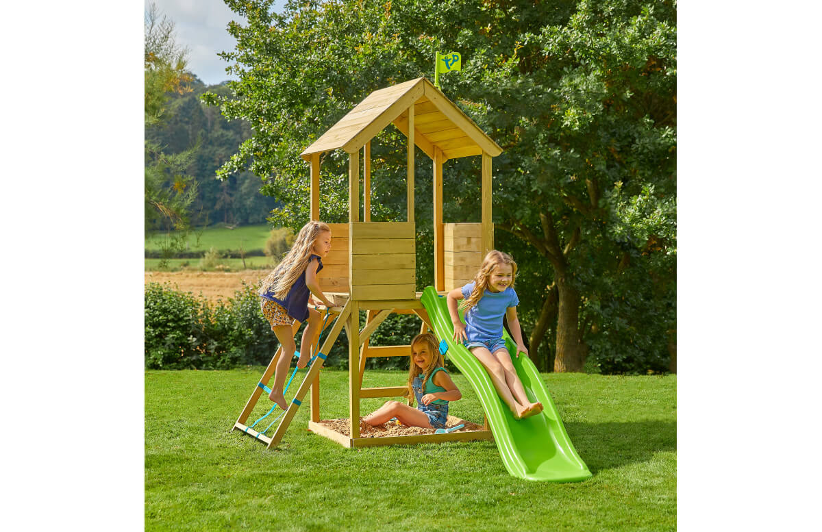 Aire de jeux en bois TP Toys tour glissiere et filet d'escalade FSC