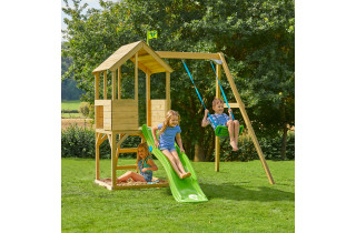 Aire de jeux cabane en bois dans les arbres TP Toys tour glissiere structure murs et portique FSC