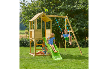 Aire de jeux cabane en bois dans les arbres TP Toys tour glissiere structure murs et portique FSC