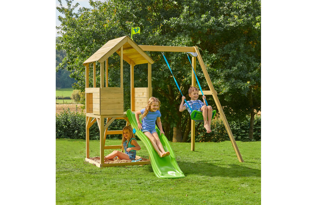 Aire de jeux cabane en bois dans les arbres TP Toys tour glissiere structure murs et portique FSC