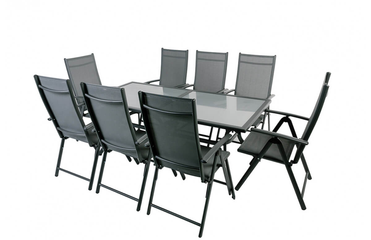 Ensemble table et chaises de jardin rectangle pliant en aluminium et verre 8 personnes - Essenciel Green Ensemble table et chaises de jardin rectangle pliant en aluminium et verre 8 personnes - Essenciel Green