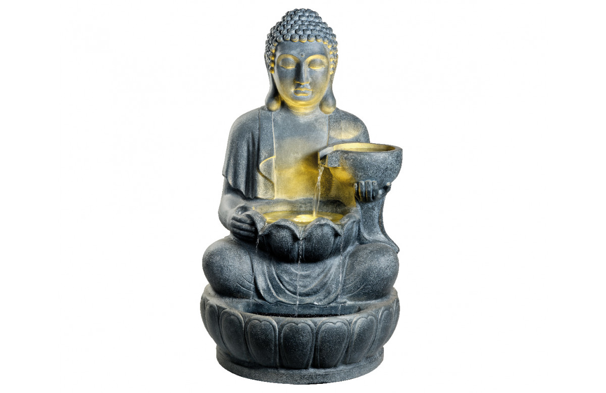 Fontaine de jardin bouddha aspect pierre avec éclairage LED KAEMINGK Fontaine de jardin bouddha aspect pierre avec éclairage LED KAEMINGK