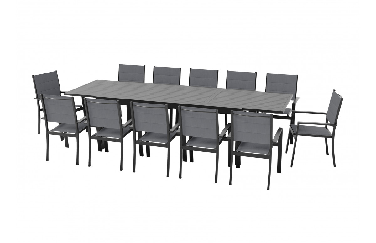 Ensemble table extensible Hanae et fauteuils de jardin Navagio en aluminium et verre anthracite 12 personnes - Essenciel Green