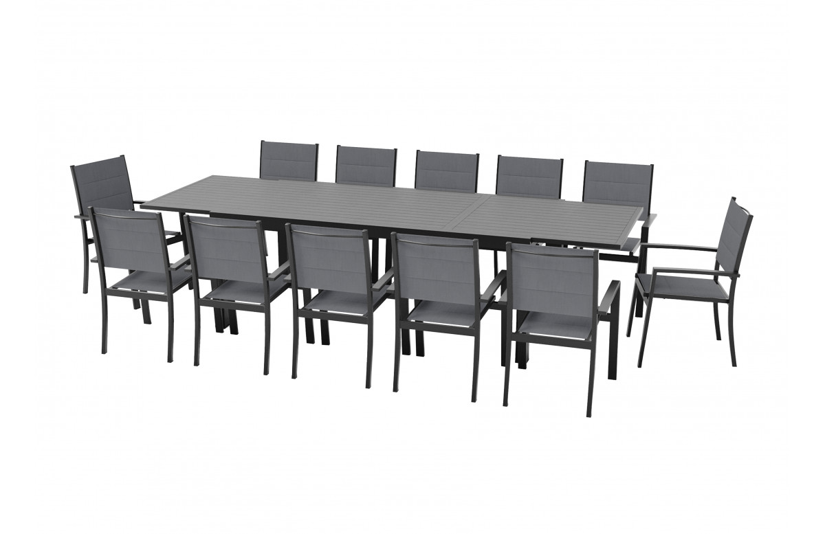 Ensemble table extensible Hanae et fauteuils de jardin Navagio en aluminium et verre anthracite 12 personnes - Essenciel Green Ensemble table extensible Hanae et fauteuils de jardin Navagio en aluminium et verre anthracite 12 personnes - Essenciel Green