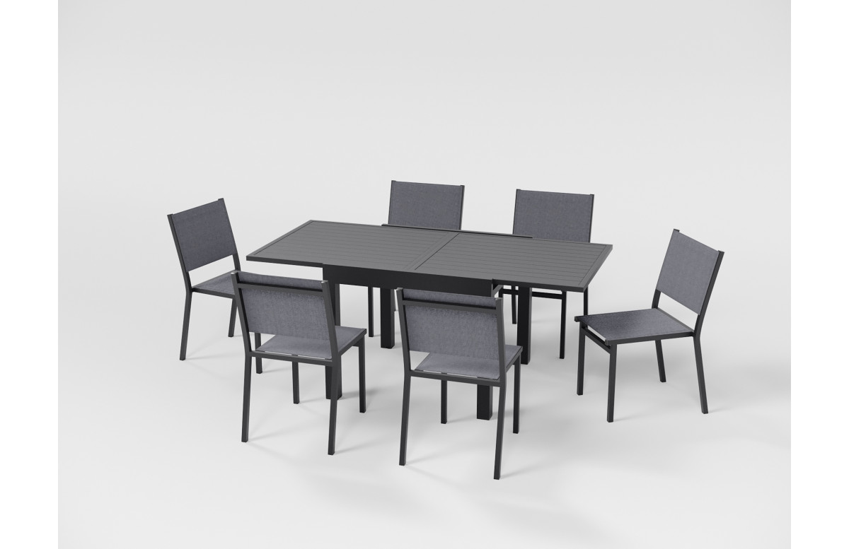 Ensemble table extensible Hanae et chaises de jardin Sperone en aluminium anthracite 6 personnes - Essenciel Green Ensemble table extensible Hanae et chaises de jardin Sperone en aluminium anthracite 6 personnes - Essenciel Green