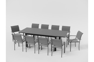 Ensemble table extensible Hanae et fauteuils de jardin Lavezzi en aluminium anthracite 10 personnes - Essenciel Green