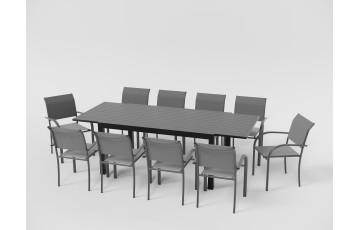 Ensemble table extensible Hanae et fauteuils de jardin Lavezzi en aluminium anthracite 10 personnes - Essenciel Green