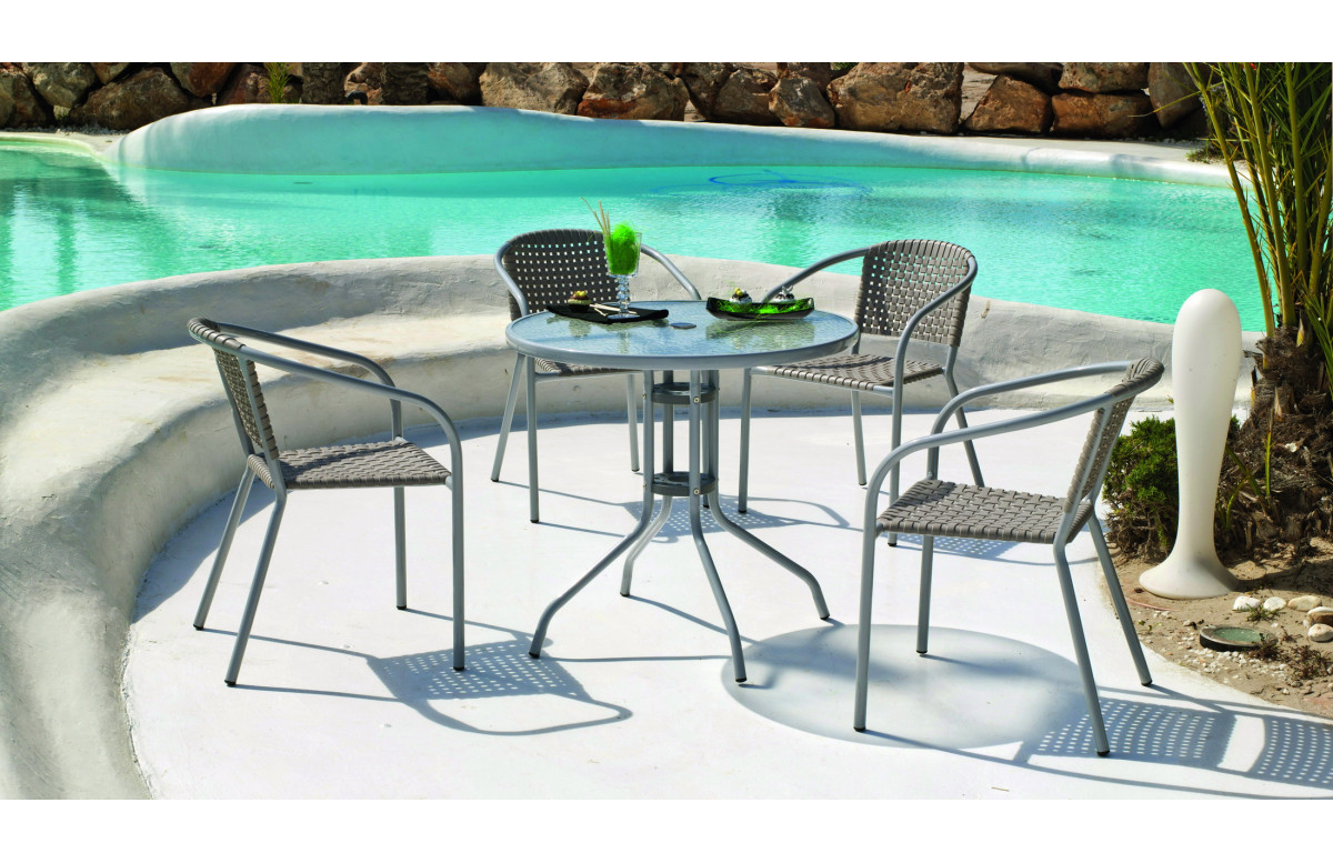 Ensemble table et fauteuils de jardin ALFARO 4 personnes HEVEA en acier et résine
