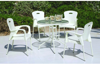 Ensemble table et fauteuils de jardin ALMERA 4 personnes HEVEA en acier et résine